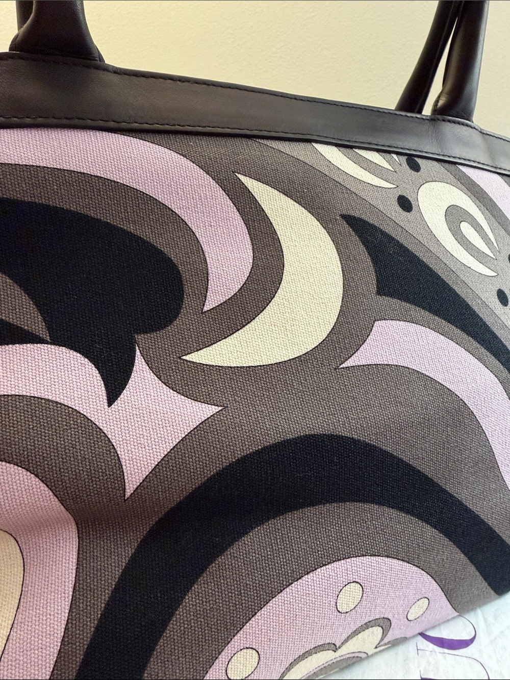 Vintage Emilio Pucci purple black gray and white canvas and leather tote handbag - Picture 10 of 15